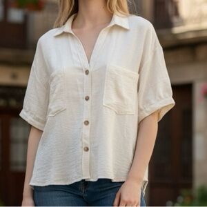 Women's Cream Linen Look Button-Up Shirt